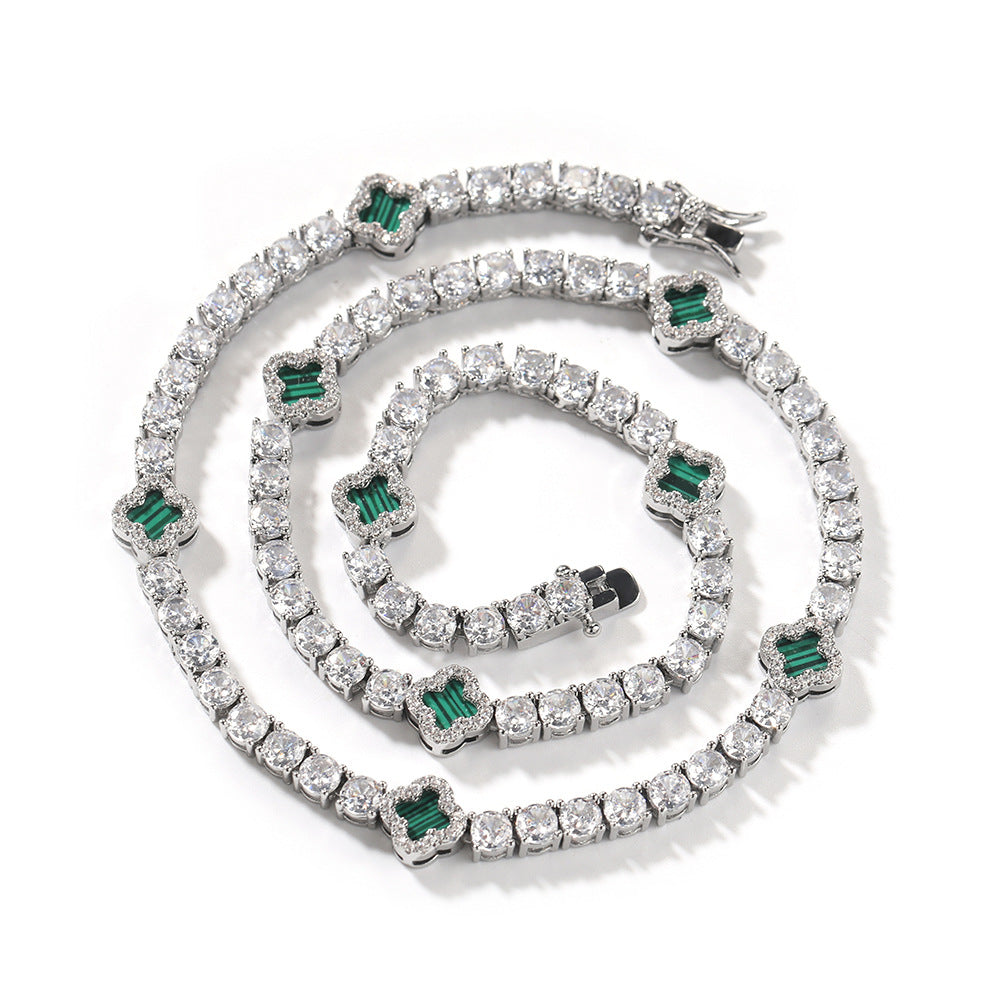 Hip-hop four-leaf clover diamond tennis chain necklace bracelet
